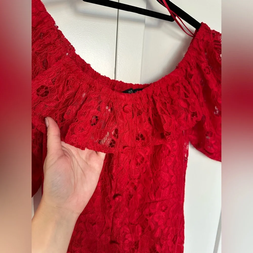Zara Red Lace Midi Dress Button Down Size M Off-shoulder A Line Dress - Picture 7 of 15